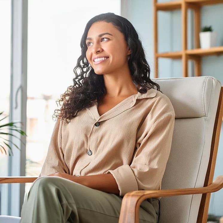 A smiling woman relaxing in a comfortable chair beside a bright window
