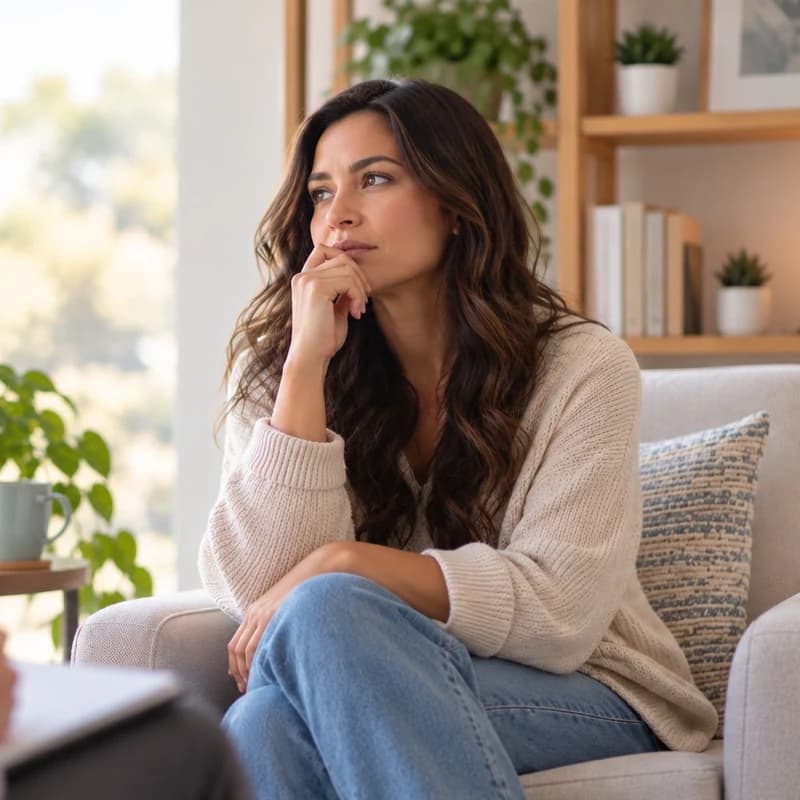 A woman sitting thoughtfully in a therapy session, with a small sign reading "You Are Not Alone" in the background