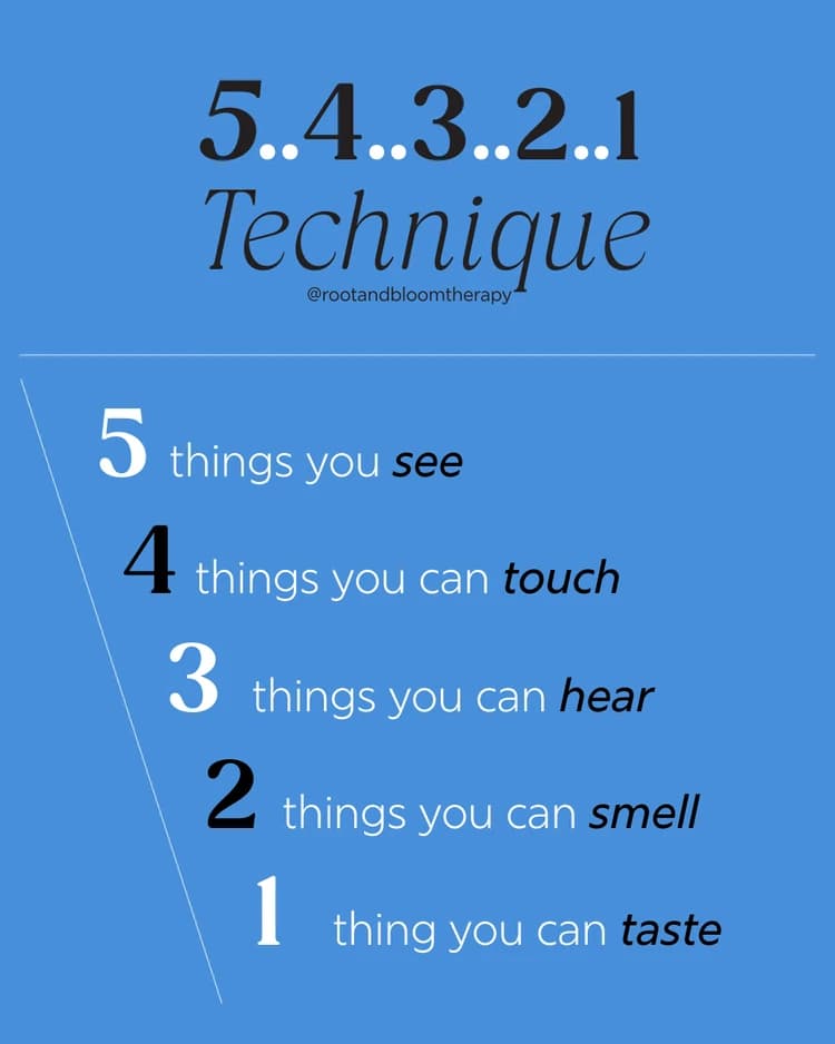 The 5-4-3-2-1 technique: 5 things you see, 4 things you can touch, 3 things you hear, 2 things you smell, 1 thing you taste