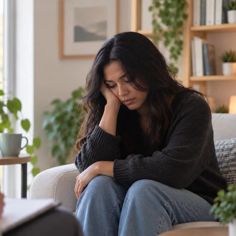 A woman resting her head on her hand, looking down with a low, withdrawn expression during a therapy session