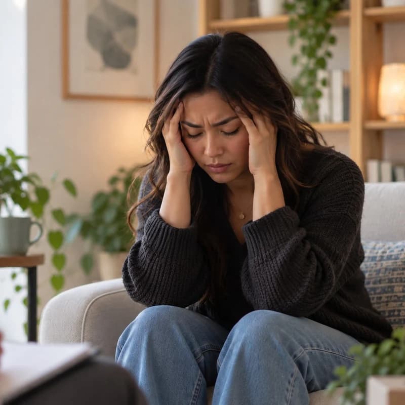 A woman holding her head with both hands, looking tense and overwhelmed during a therapy session