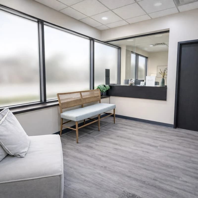 The calm, welcoming waiting room at Root & Bloom Therapy