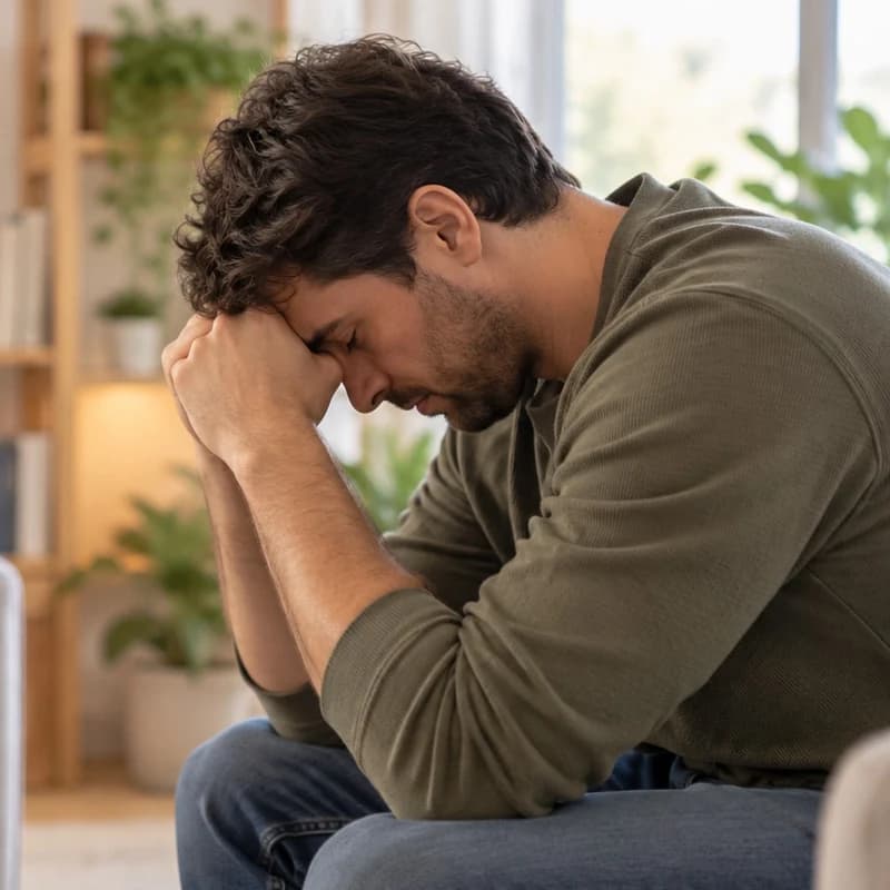 A man sitting with his head in his hands during a therapy session